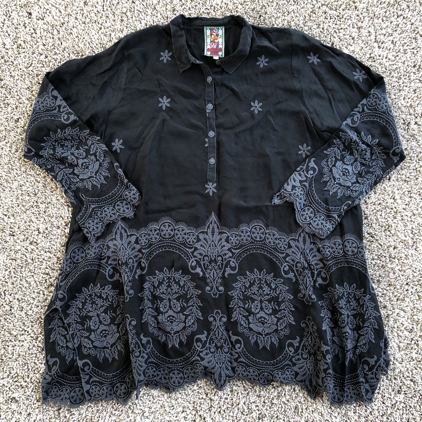 Johnny Was Tunic Dress Womens S Black On Black Floral Embroidered Boho Rayon Euc